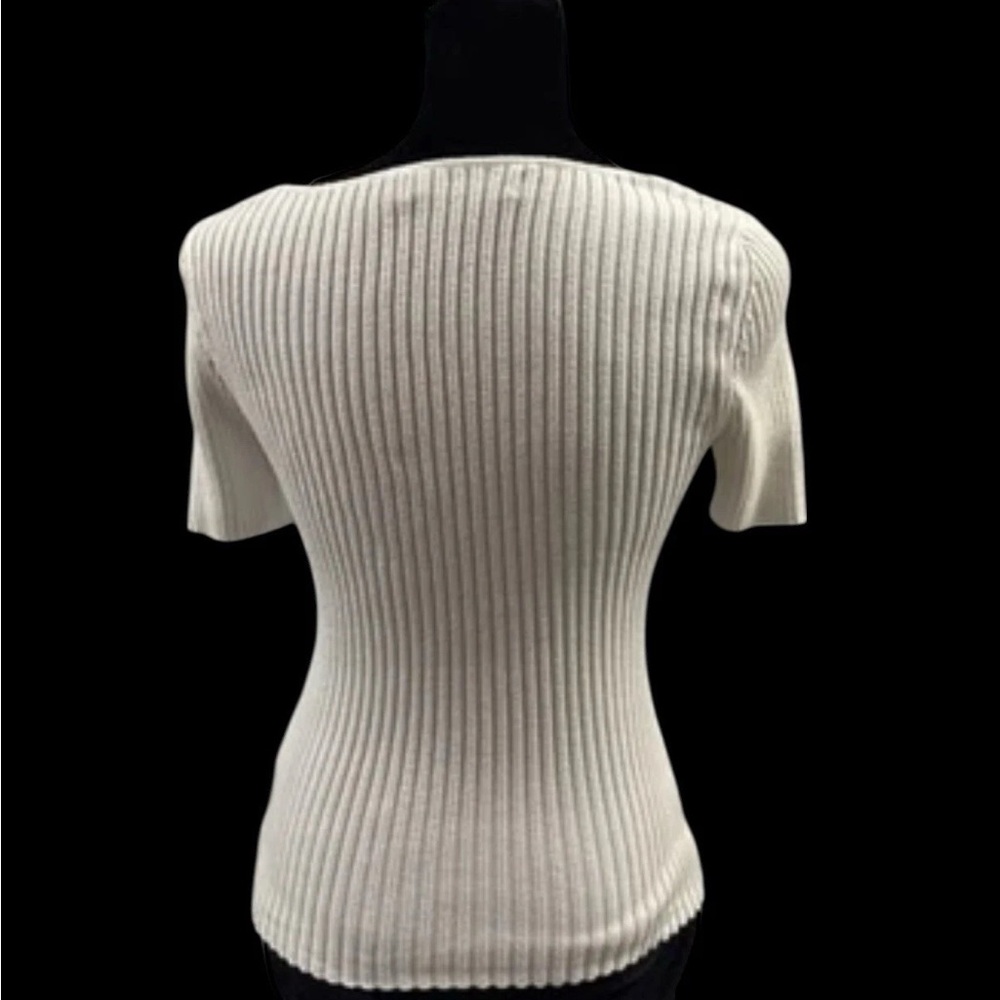 Zesica Cream Ivory Ribbed Knit Top S Square Neck Short Sleeve Stretchy Basic Tee - Picture 3 of 8